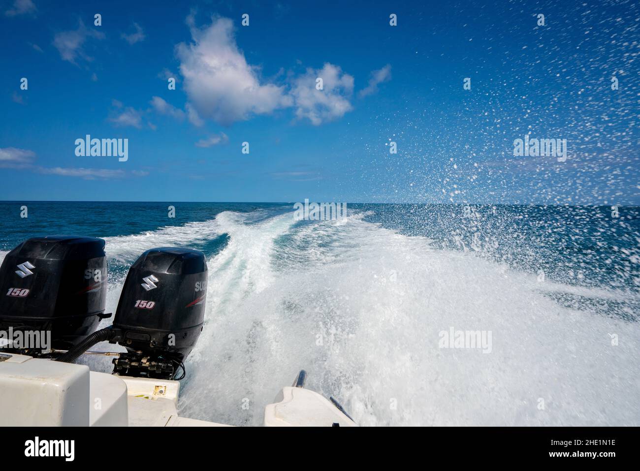 Speed boat on the Indian Ocean off the coast of Mauritus Stock Photo