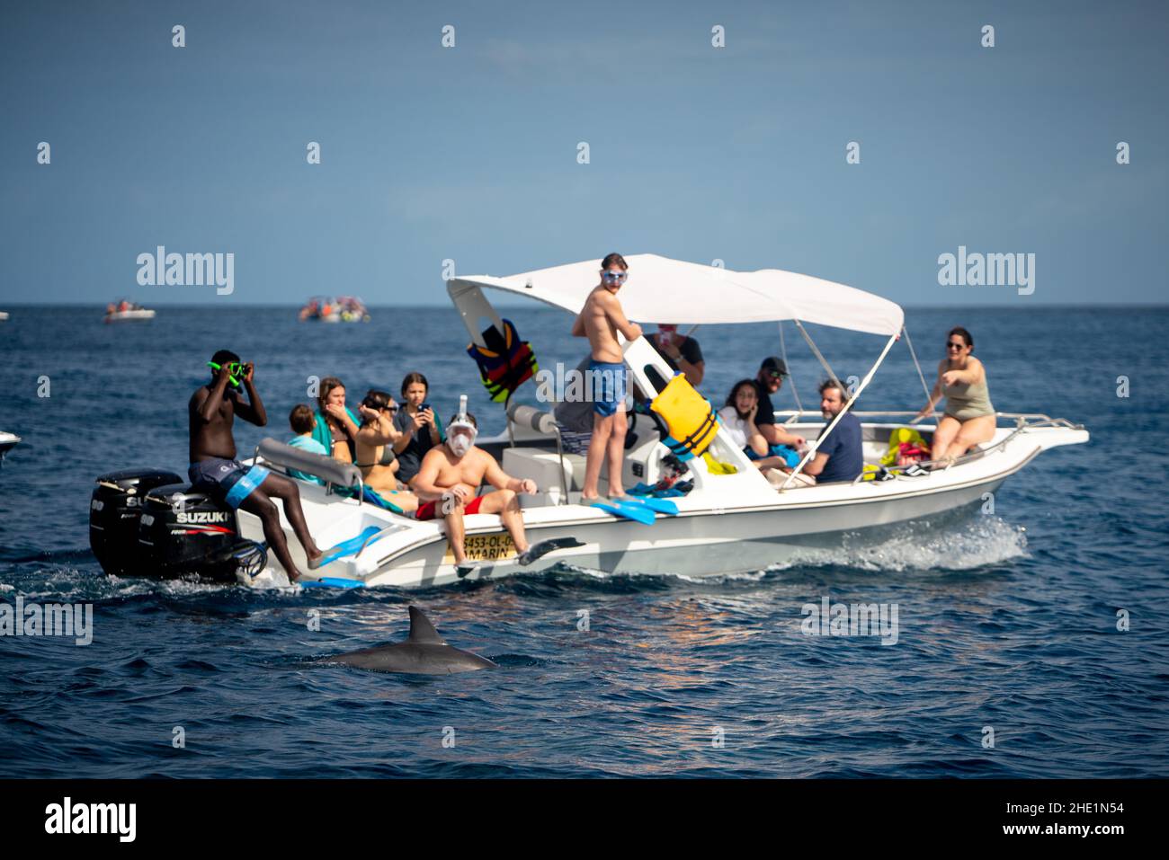 Boats of tourists amongst a pod of dolphins off the coast of Mauritius Stock Photo