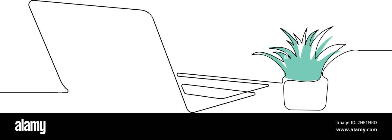 Laptop on table with green flower Stock Vector