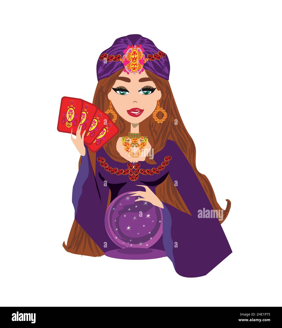 beautiful Fortune teller woman reads cards and the crystal ball Stock