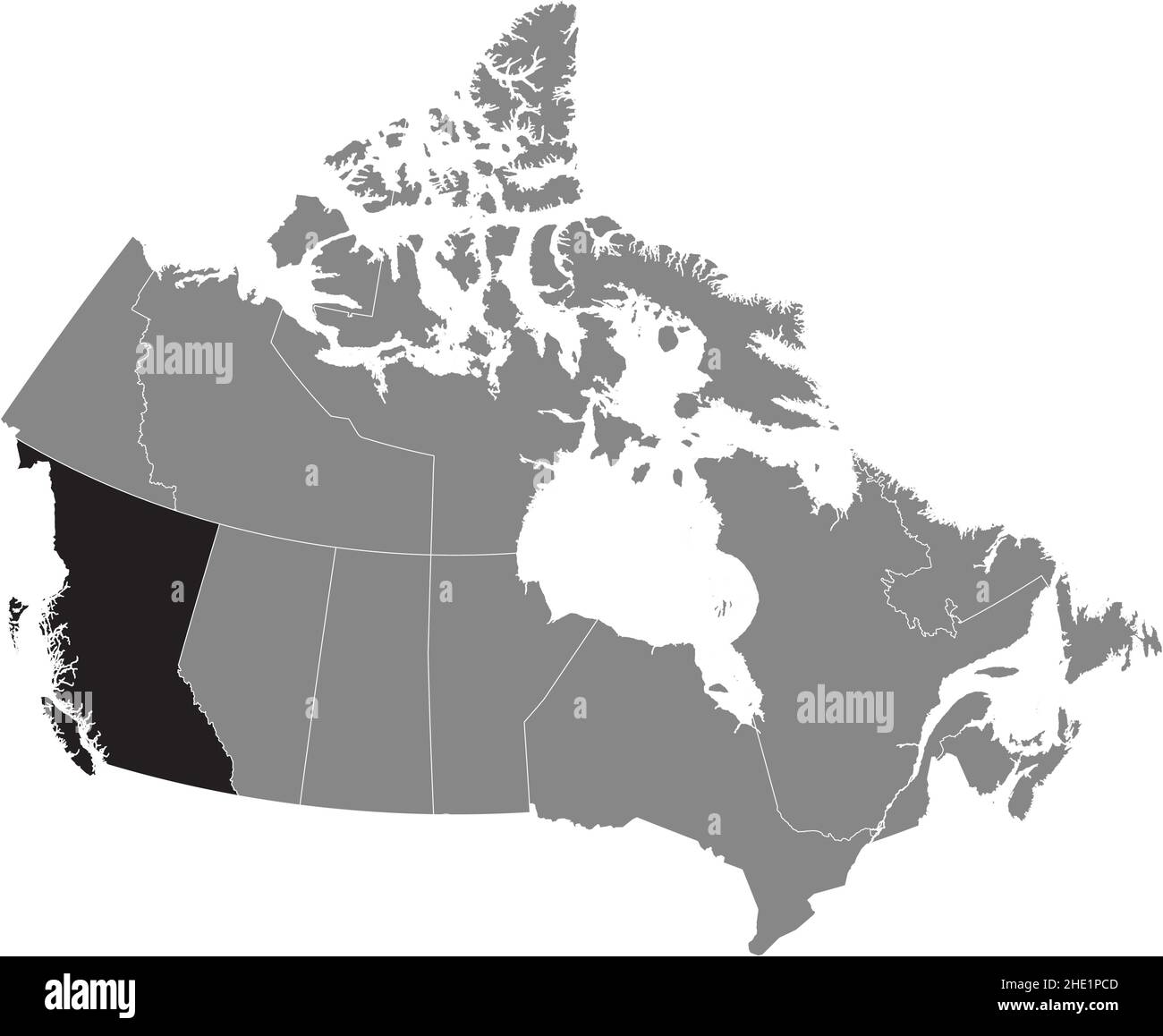 Black flat blank highlighted locator administrative map of the Canadian province of BRITISH COLUMBIA inside gray flat map of CANADA Stock Vector