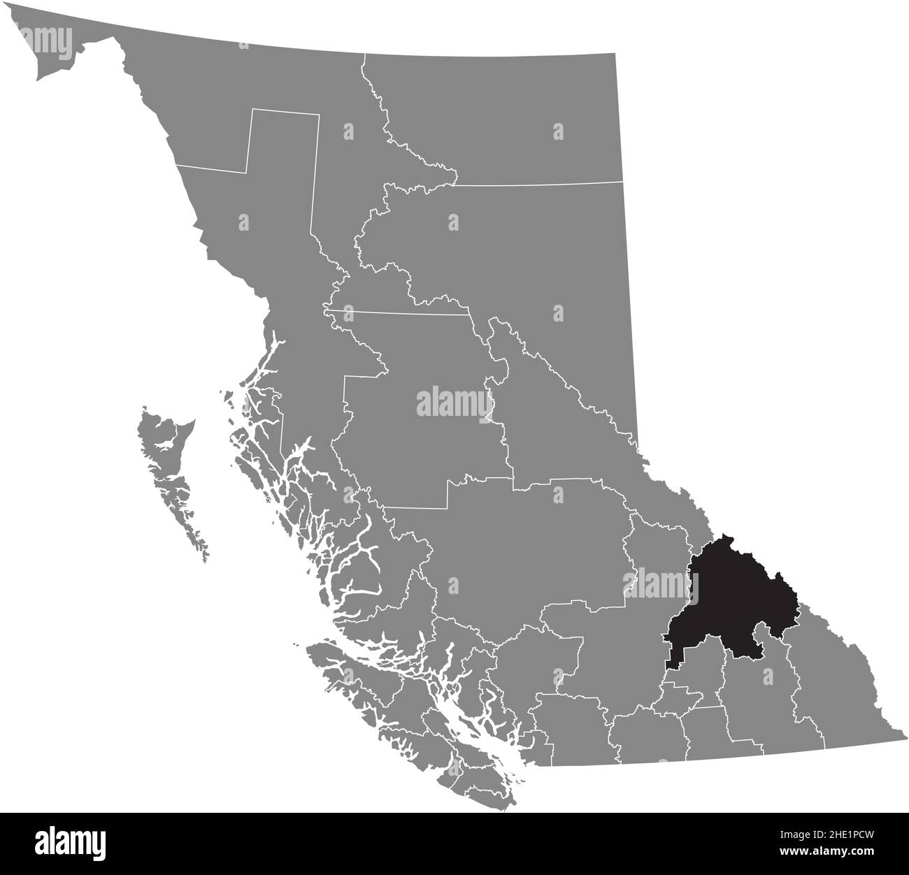 Black flat blank highlighted location map of the COLUMBIA–SHUSWAP regional district inside gray administrative map of the Canadian province of British Stock Vector