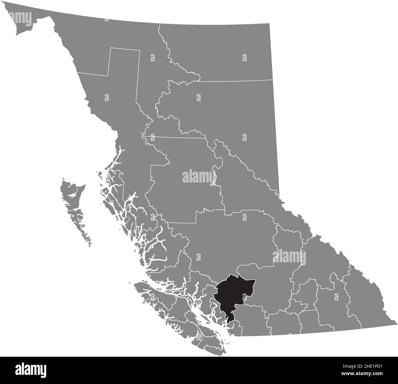Black flat blank highlighted location map of the SQUAMISH–LILLOOET regional district inside gray administrative map of the Canadian province of Britis Stock Vector