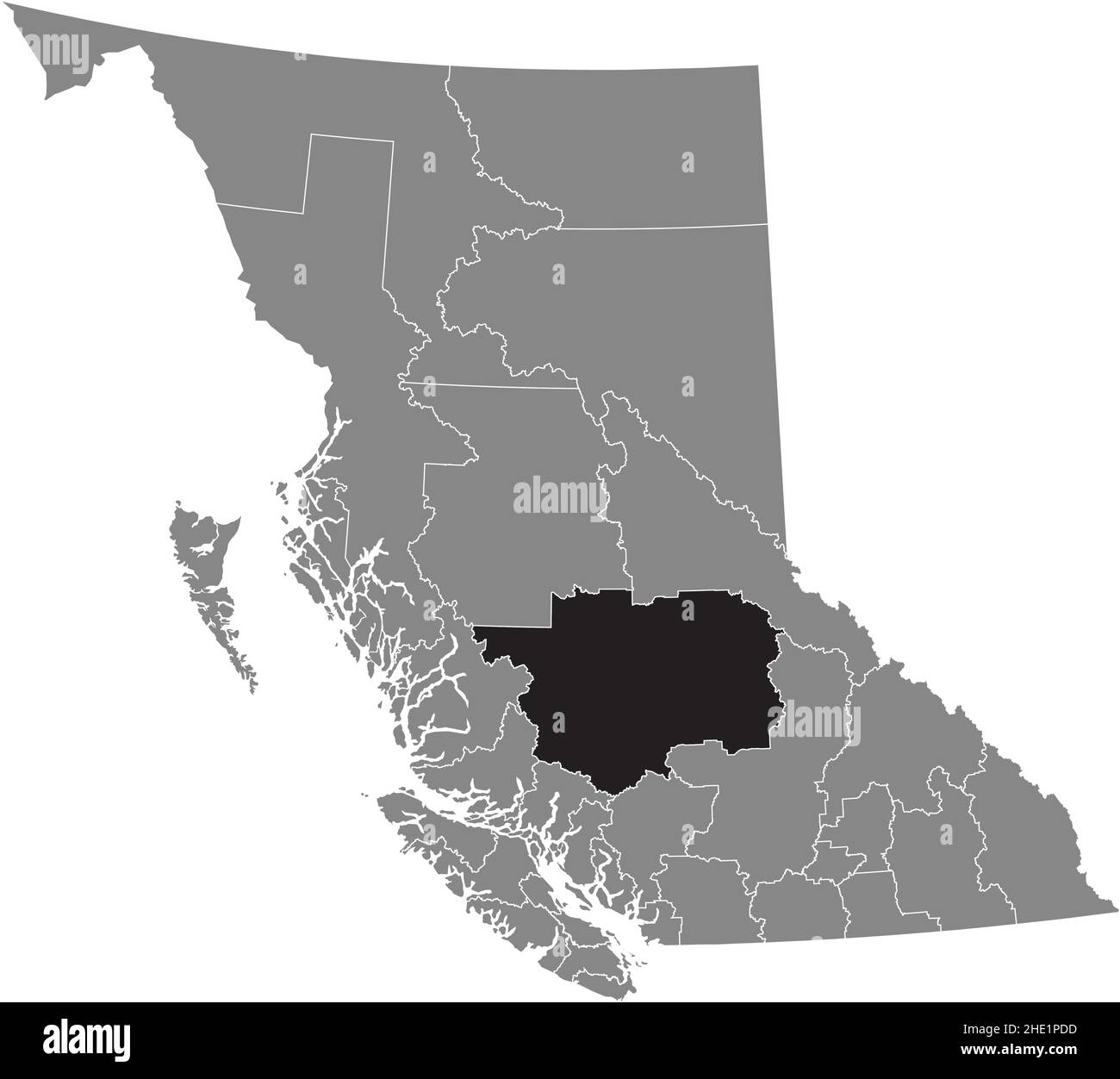 Black flat blank highlighted location map of the CARIBOO regional district inside gray administrative map of the Canadian province of British Columbia Stock Vector