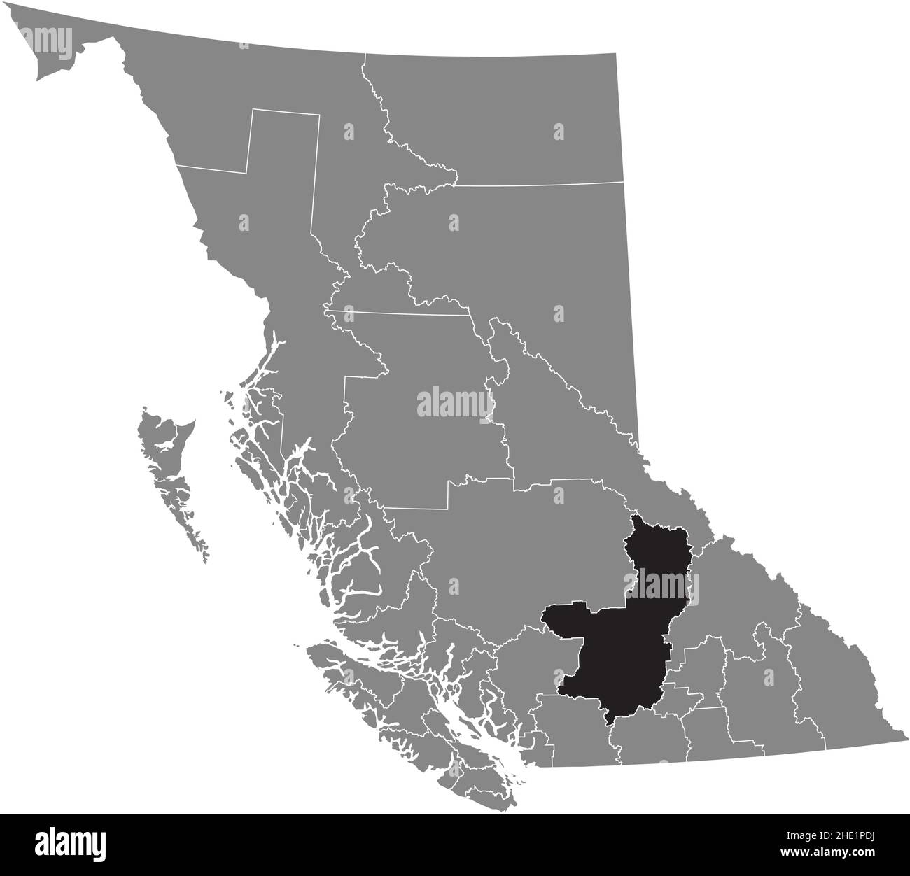 Black flat blank highlighted location map of the THOMPSON–NICOLA regional district inside gray administrative map of the Canadian province of British Stock Vector