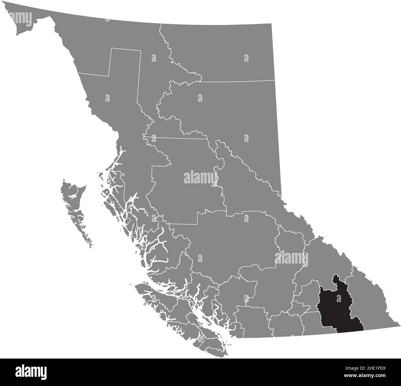 Black flat blank highlighted location map of the CENTRAL KOOTENAY regional district inside gray administrative map of the Canadian province of British Stock Vector