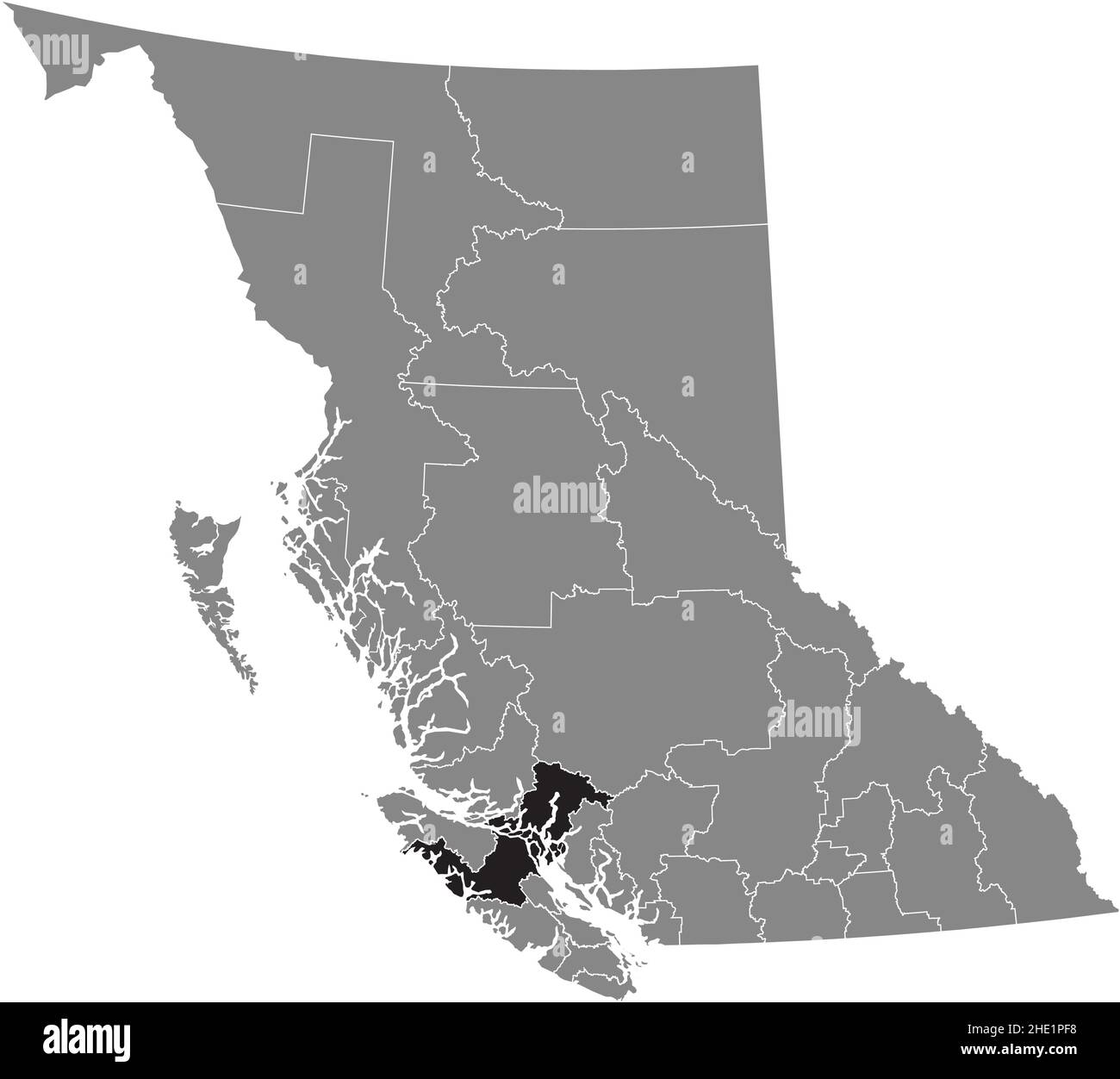 Black flat blank highlighted location map of the STRATHCONA regional district inside gray administrative map of the Canadian province of British Colum Stock Vector