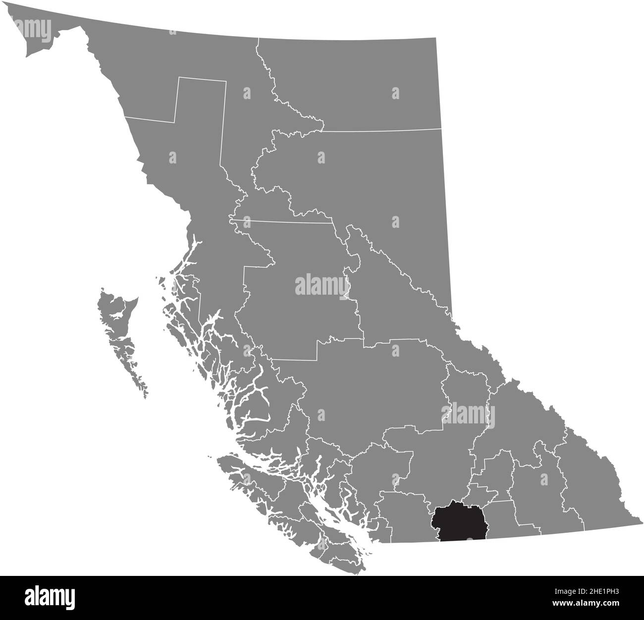 Black flat blank highlighted location map of the OKANAGAN–SIMILKAMEEN regional district inside gray administrative map of the Canadian province of Bri Stock Vector