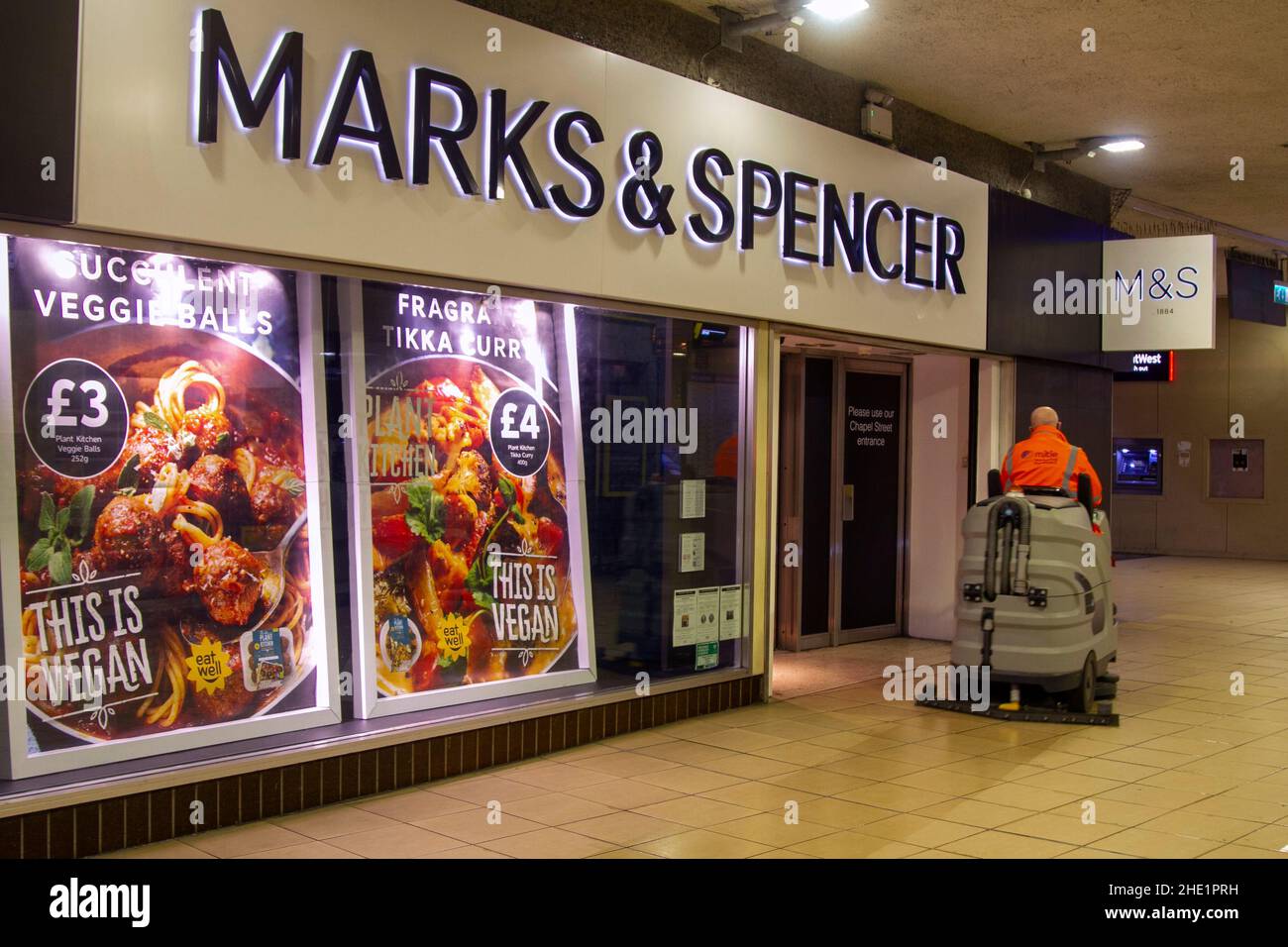 M&S Marks and Spencers Food Hall banner sign advertising vegan foods in