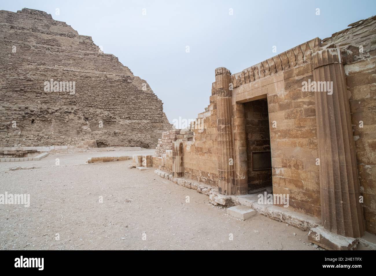 The entrance to one of the temple ruins at the Saqqara necropolis complex in Egypt. Stock Photo