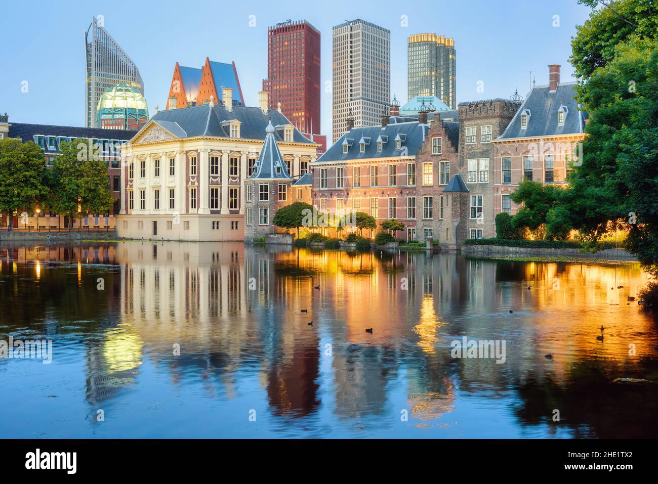The Hague city center, South Holland, Netherlands, view of the Binnenhof castle, Mauritshuis museum and the modern skyscrapers skyline Stock Photo