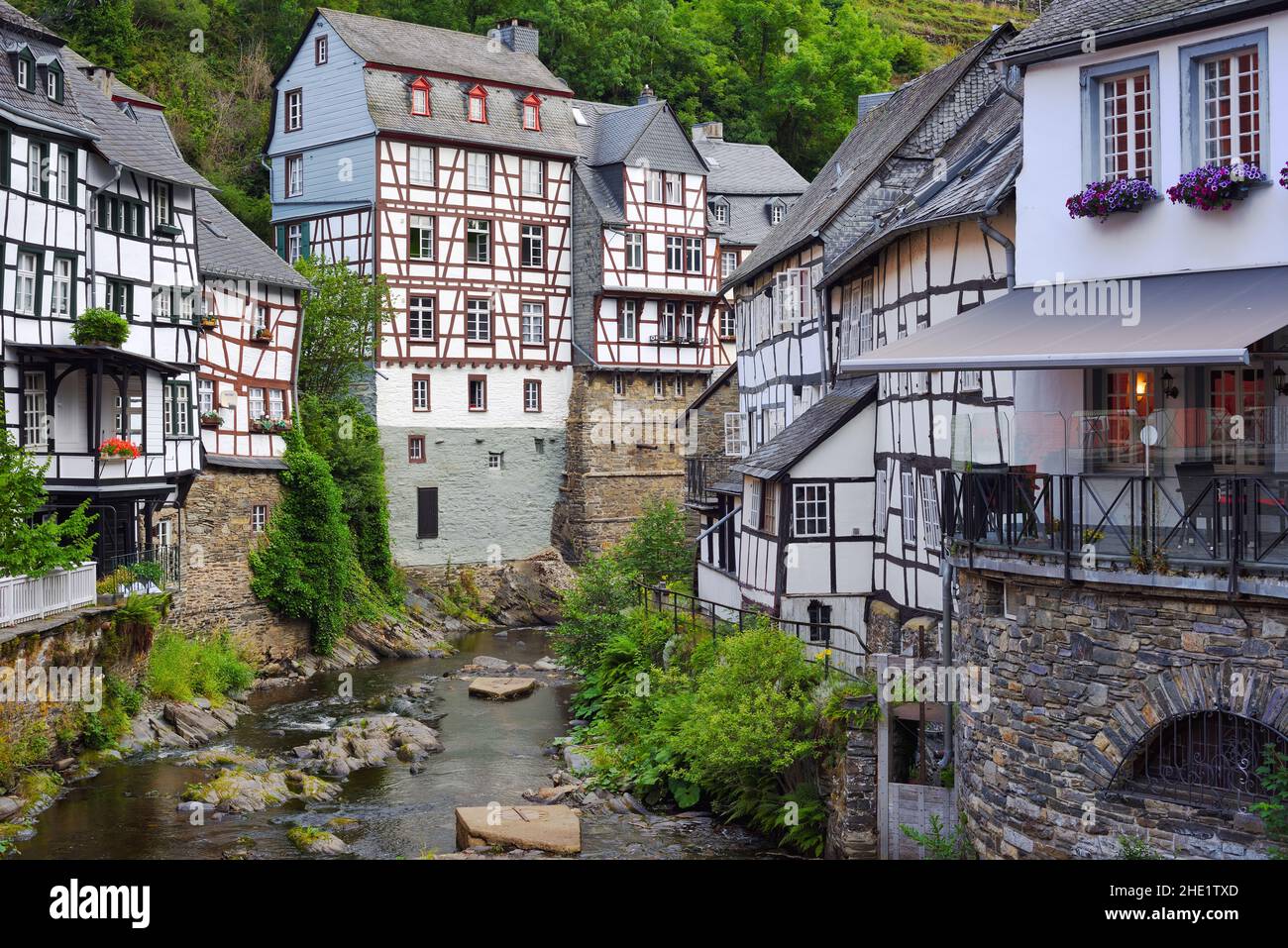 Historical white half-timbered houses in Monschau Old town, Eifel region, Germany Stock Photo