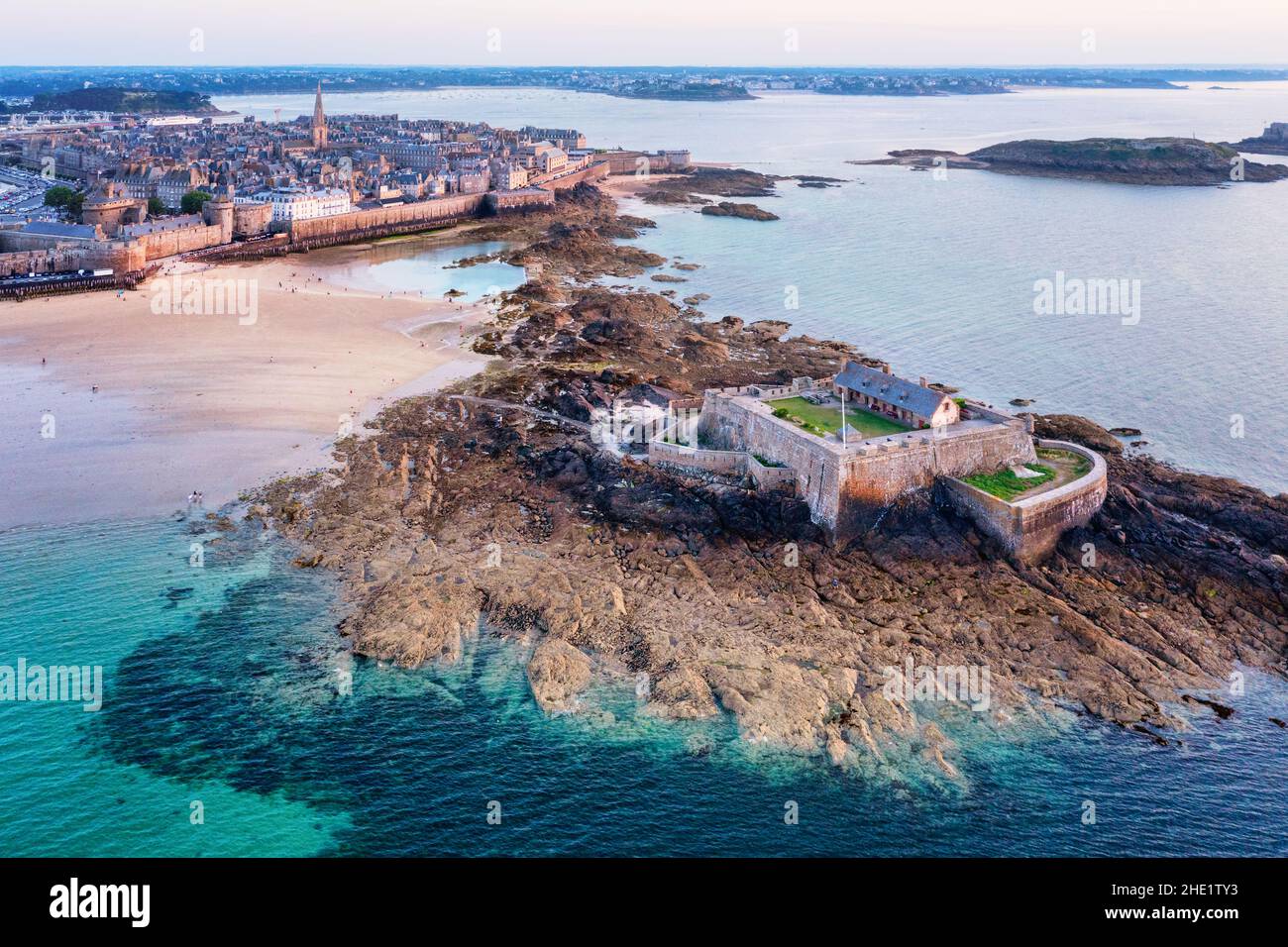 Aerial view of St Malo town walls and the National Fort on atlantic coast of Brittany, France Stock Photo