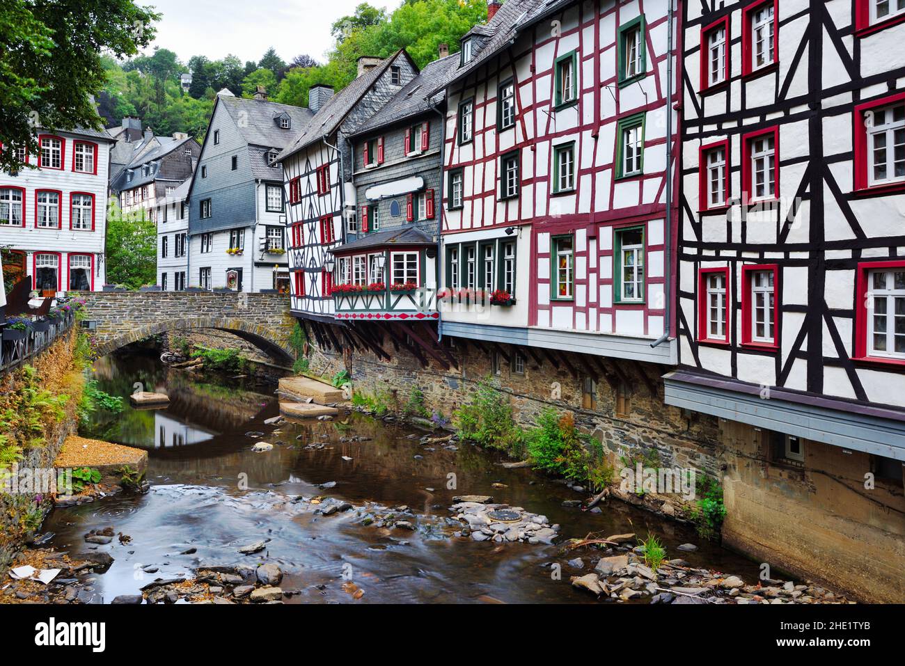 Historical Monschau Old town,  famous for its traditional half-timbered houses, Eifel region, Germany Stock Photo