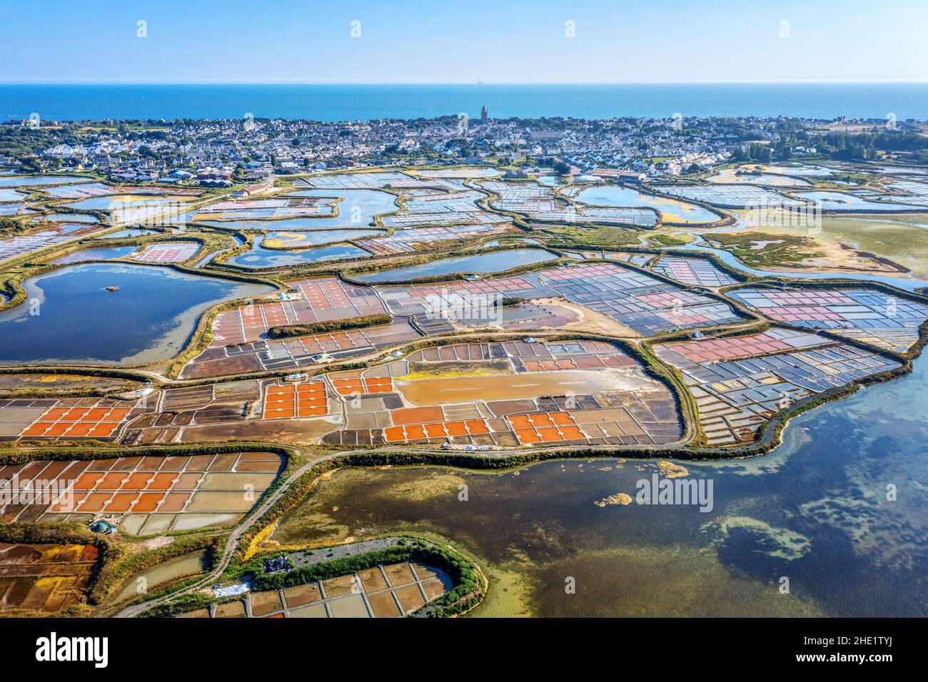 Aerial view of the salt marshes of Guerande by Batz-sur-Mer town, famous for its production of the grey salt of Guerande, Atlantic coast of France Stock Photo