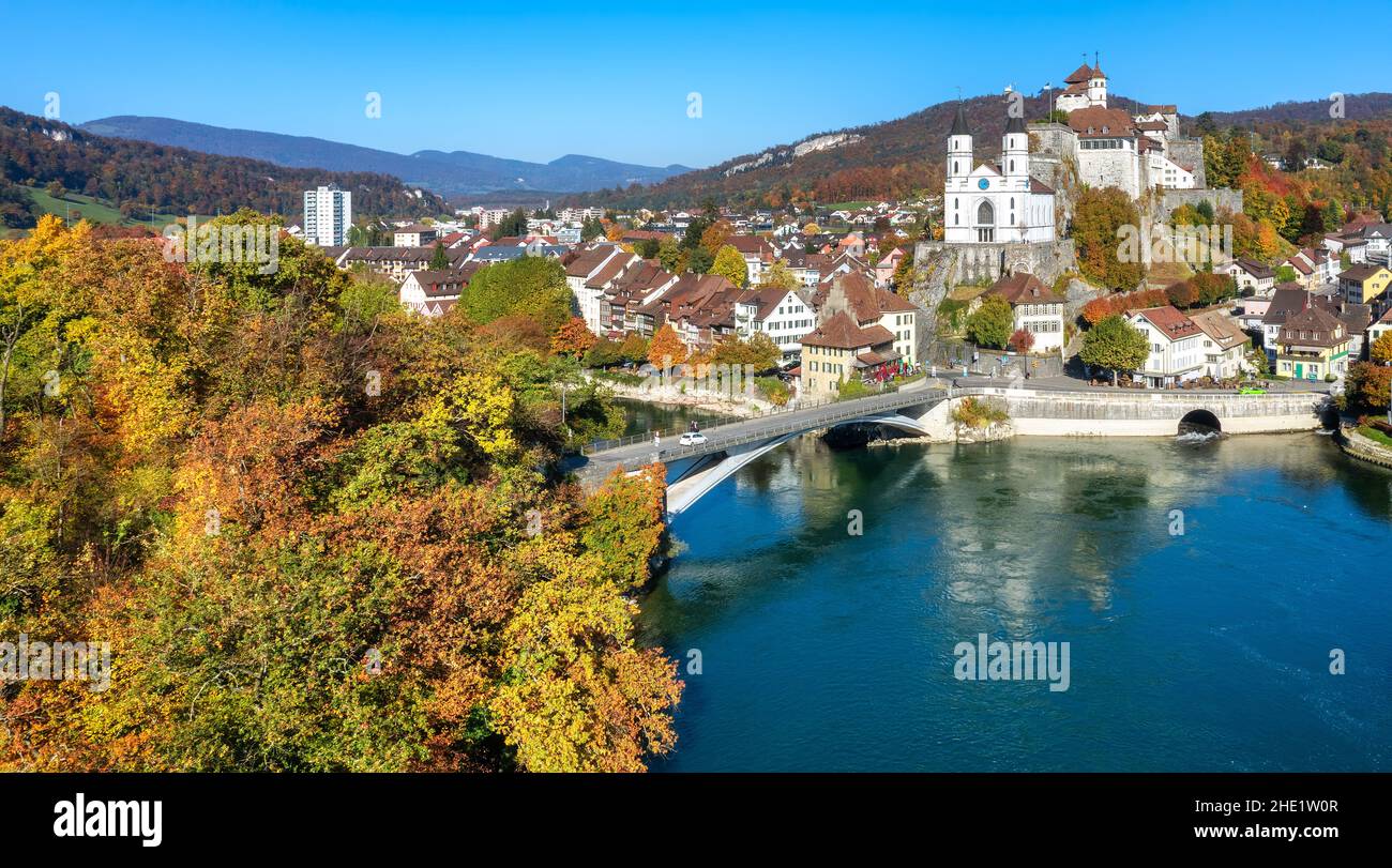 Historical Aarburg Old town and castle on Aare river in canton Aargau, central Switzerland, panoramic view on a bright autumn day Stock Photo