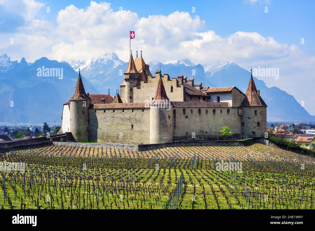 Medieval Chateau d'Aigle castle in swiss Alps mountains, canton Vaud, Switzerland Stock Photo