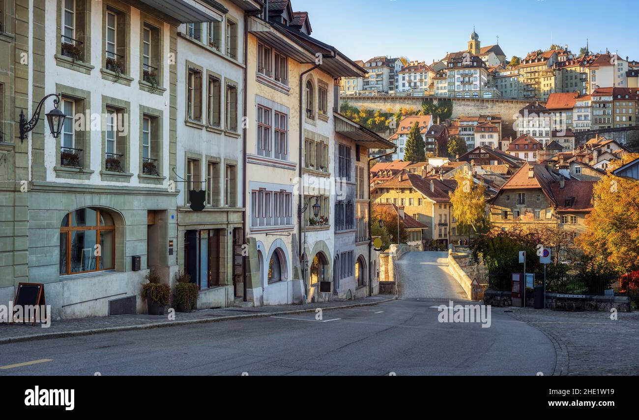 Historical houses in Fribourg city, one of the best preserved medieval Old towns in Switzerland Stock Photo