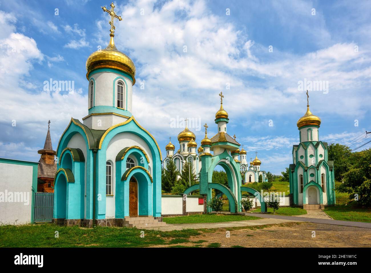 Golden domes of the Krasnogorsky Eastern Orthodox monastery, Mukachevo, West Ukraine Stock Photo