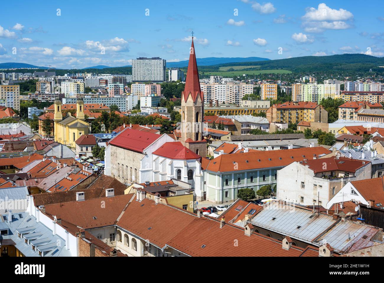 View over the red roofs of historical Kosice Old town to the modern suburbs, Slovakia Stock Photo