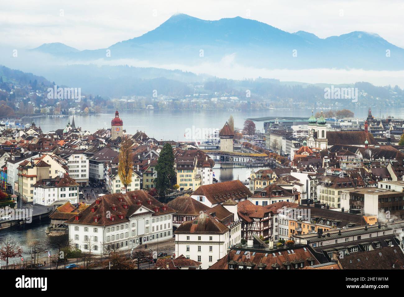 Lucerne Old town and Rigi mountain on Lake Lucerne, swiss Alps mountains, Switzerland Stock Photo