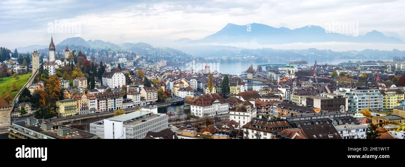 Panoramic view of the Lucerne city, with the Old town, Rigi mountain and Lake Lucerne, swiss Alps mountains, Switzerland Stock Photo