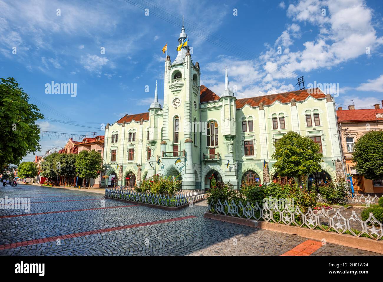 Neo-gothic historical Town Hall is the main landmark in Mukachevo Old town, west Ukraine Stock Photo