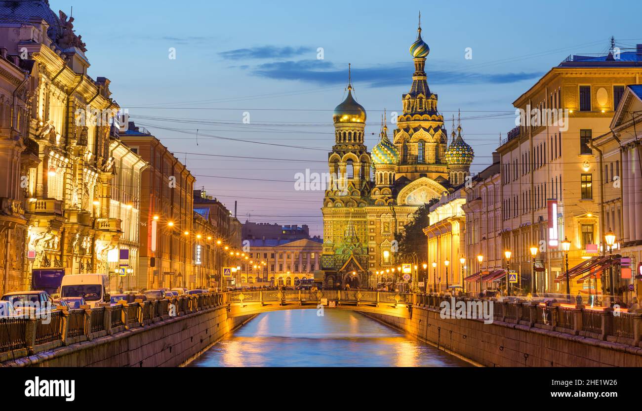 The Church of the Savior on Spilled Blood (Spas na Krovi) on Griboedov canal is one of the main tourist attractions in the historical city center of S Stock Photo