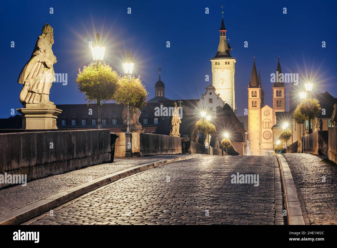 Night view of the historical Old Main bridge and the Wurzburg Old town, Bavaria, Germany Stock Photo