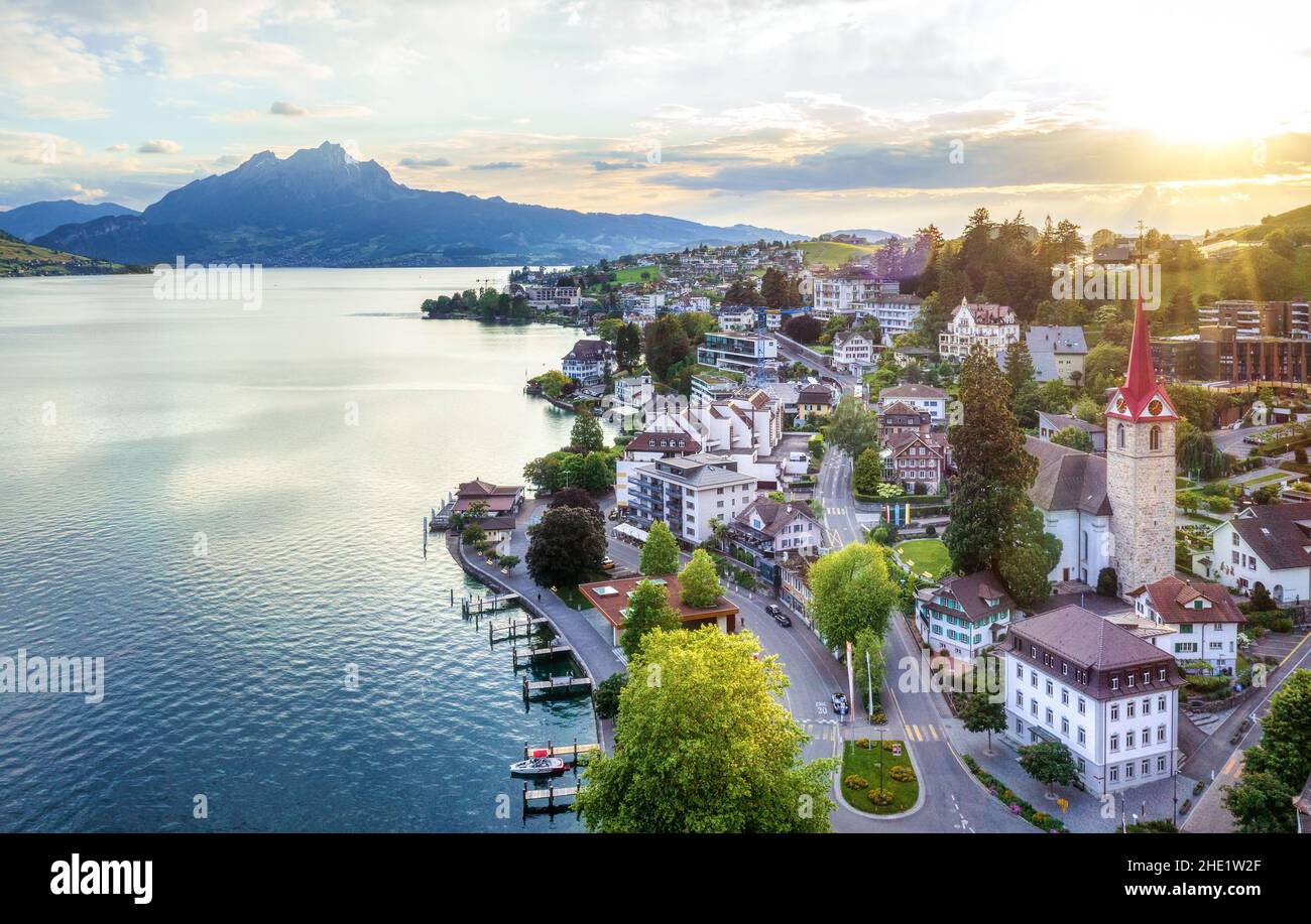 Weggis, Switzerland, view of the Old town, Lake Lucerne and Mount Pilatus on sunset Stock Photo