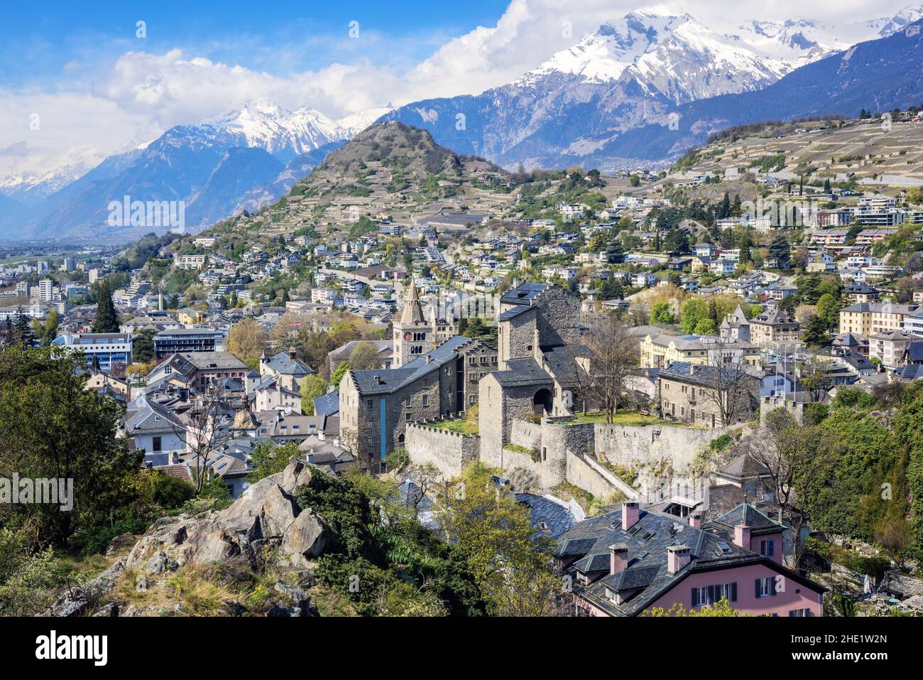 Historical Sion town in the Rhone river valley in the Alps mountains is the capital city of canton Valais, Switzerland Stock Photo