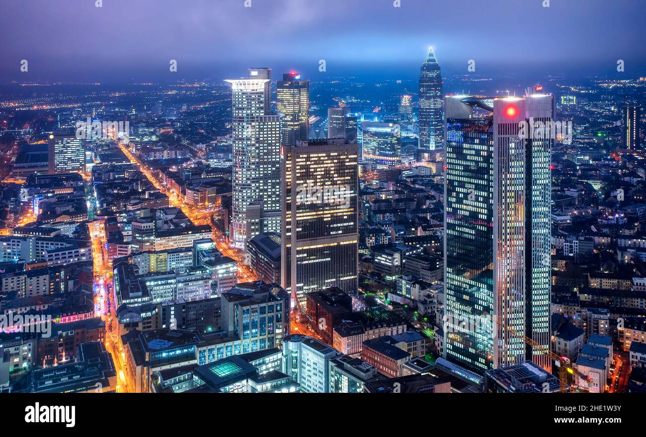 Skyscrapers in the financial district of Frankfurt am Main city, Germany, at night Stock Photo