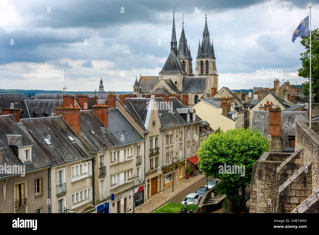 The Saint Nicolas church and the roofs of historical Old town of Blois city, France Stock Photo