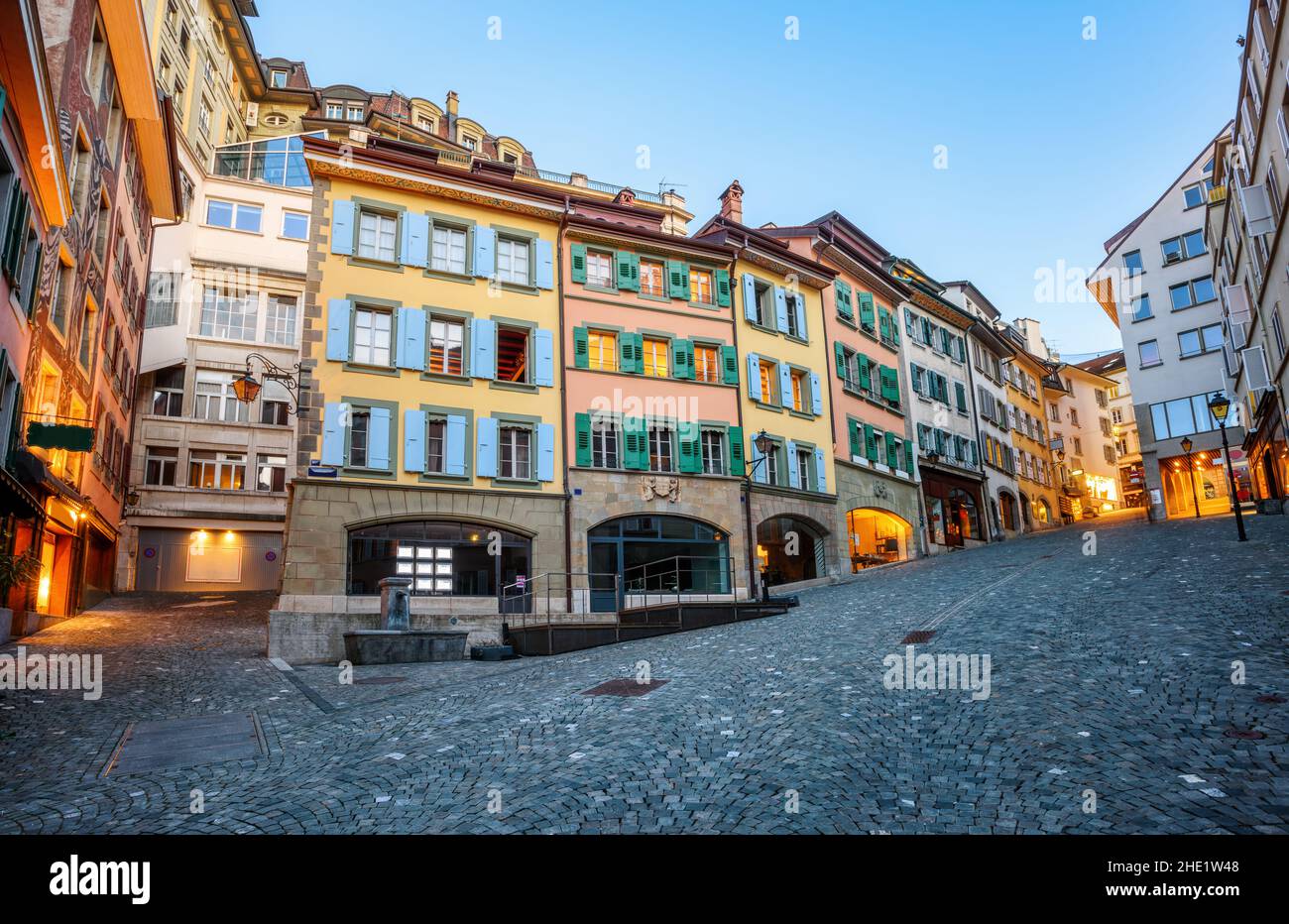 Colorful historical houses in Lausanne city's Old town center, Switzerland Stock Photo