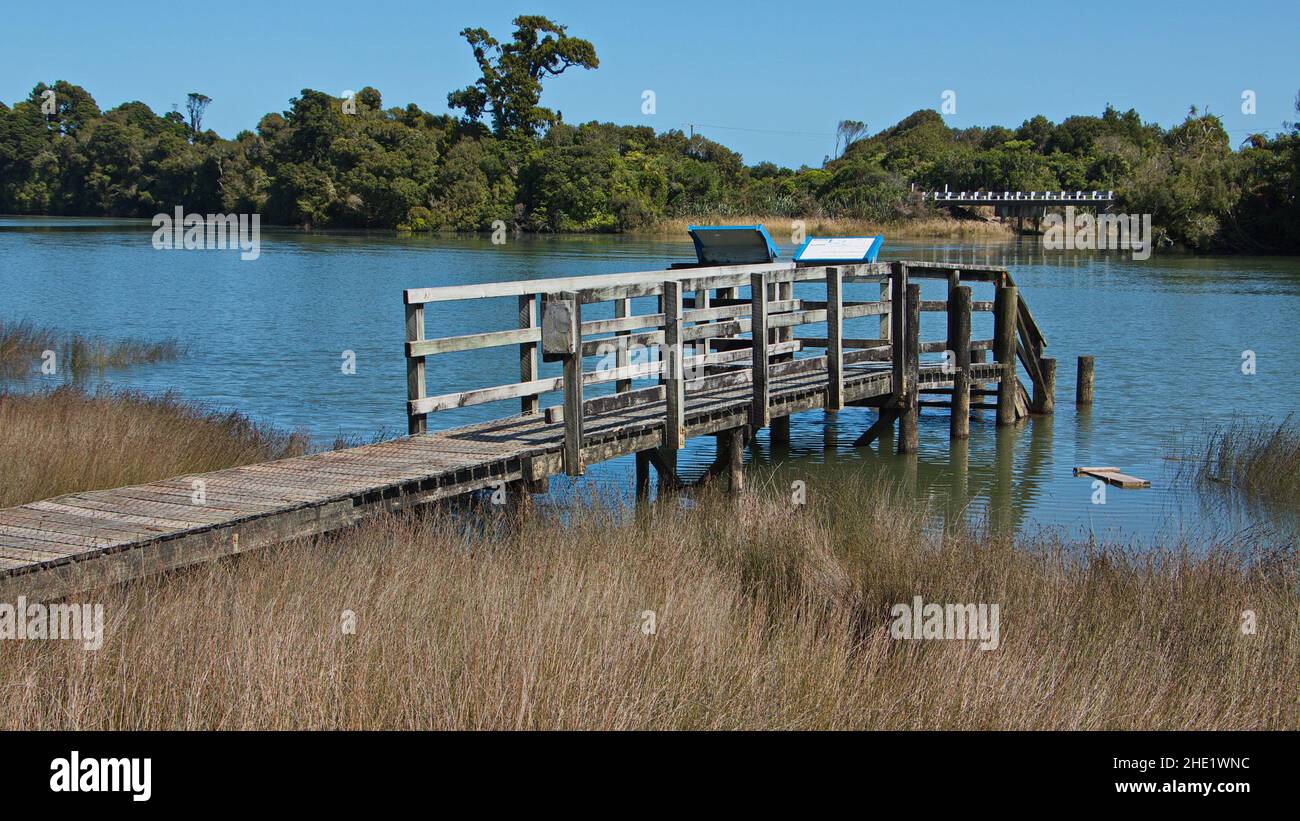 Jetty at Hapuka Estuary Walk in Mount Aspiring National Park,West Coast on South Island of New Zealand Stock Photo