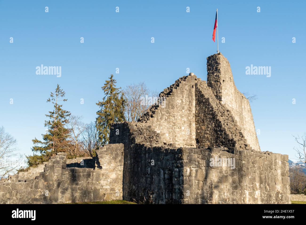 Schellenberg, Liechtenstein, December 31, 2021 Historic old castle ruin from the mid age Stock Photo