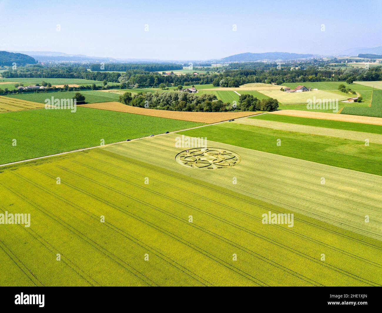 Canton Bern, Switzerland - July 05, 2019: mysterious crop circle emerged overnight in wheat field with beautiful pattern. Stock Photo