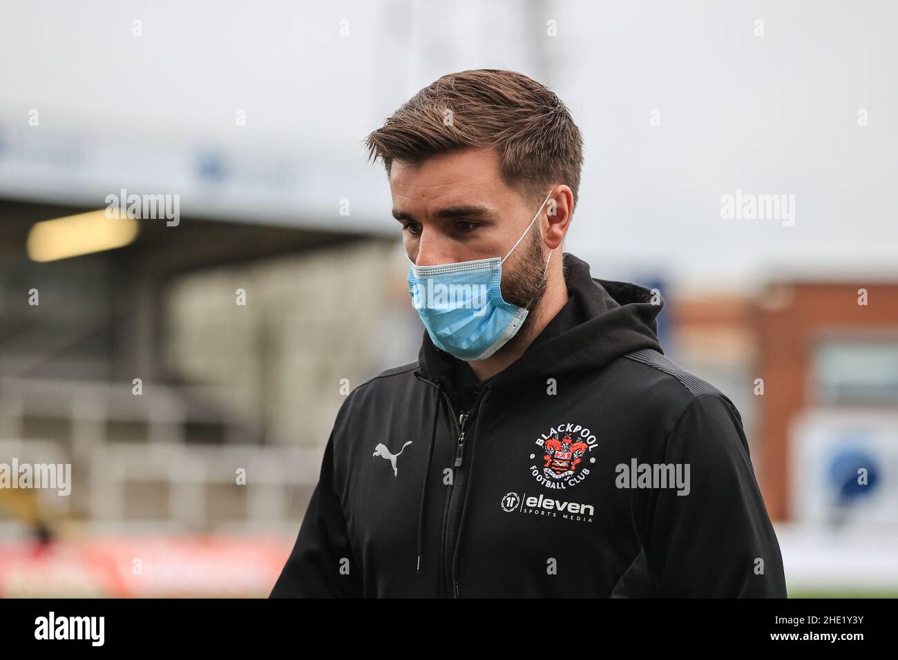 Luke Garbutt 29 of Blackpool arrives at the Suit Direct Stadium Stock