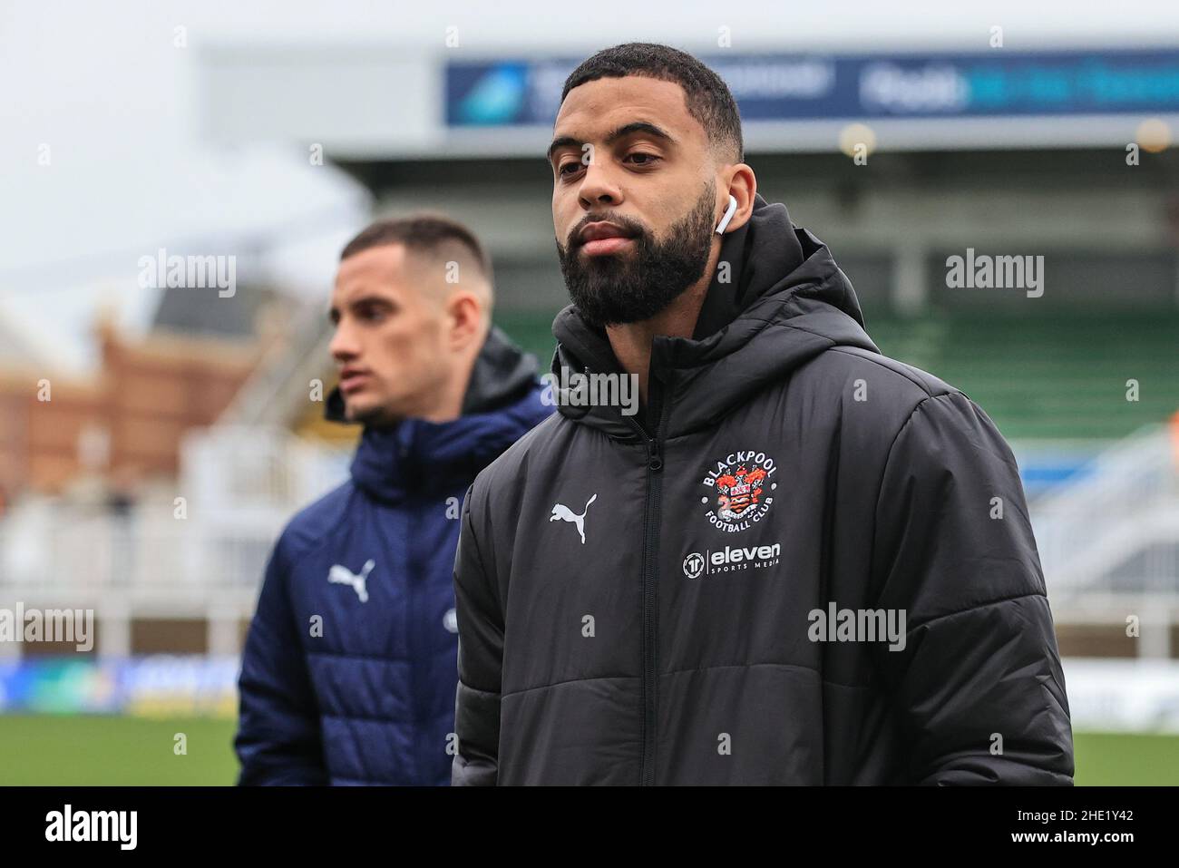 Cj Hamilton 22 of Blackpool arrives at the Suit Direct Stadium Stock