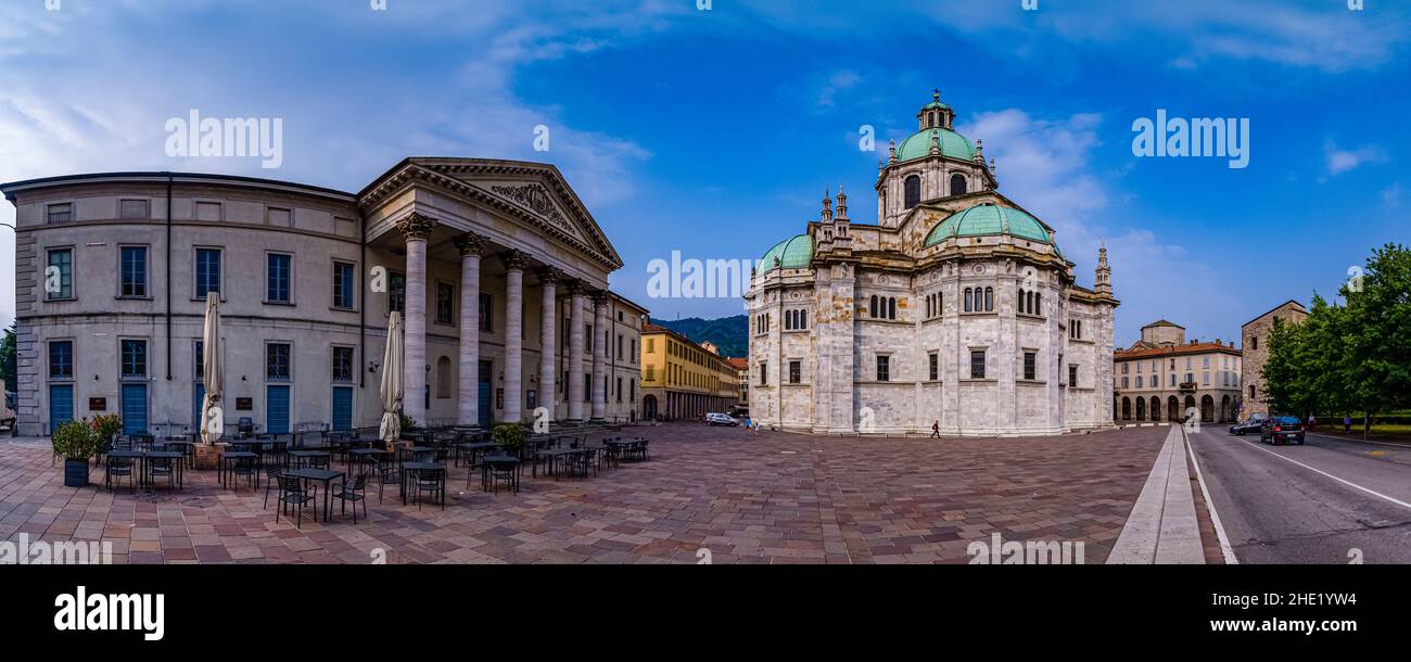Panoramic view of Como Cathedral, Cattedrale di Santa Maria Assunta, the Catholic cathedral of the city. Left the building of Teatro Sociale. Stock Photo