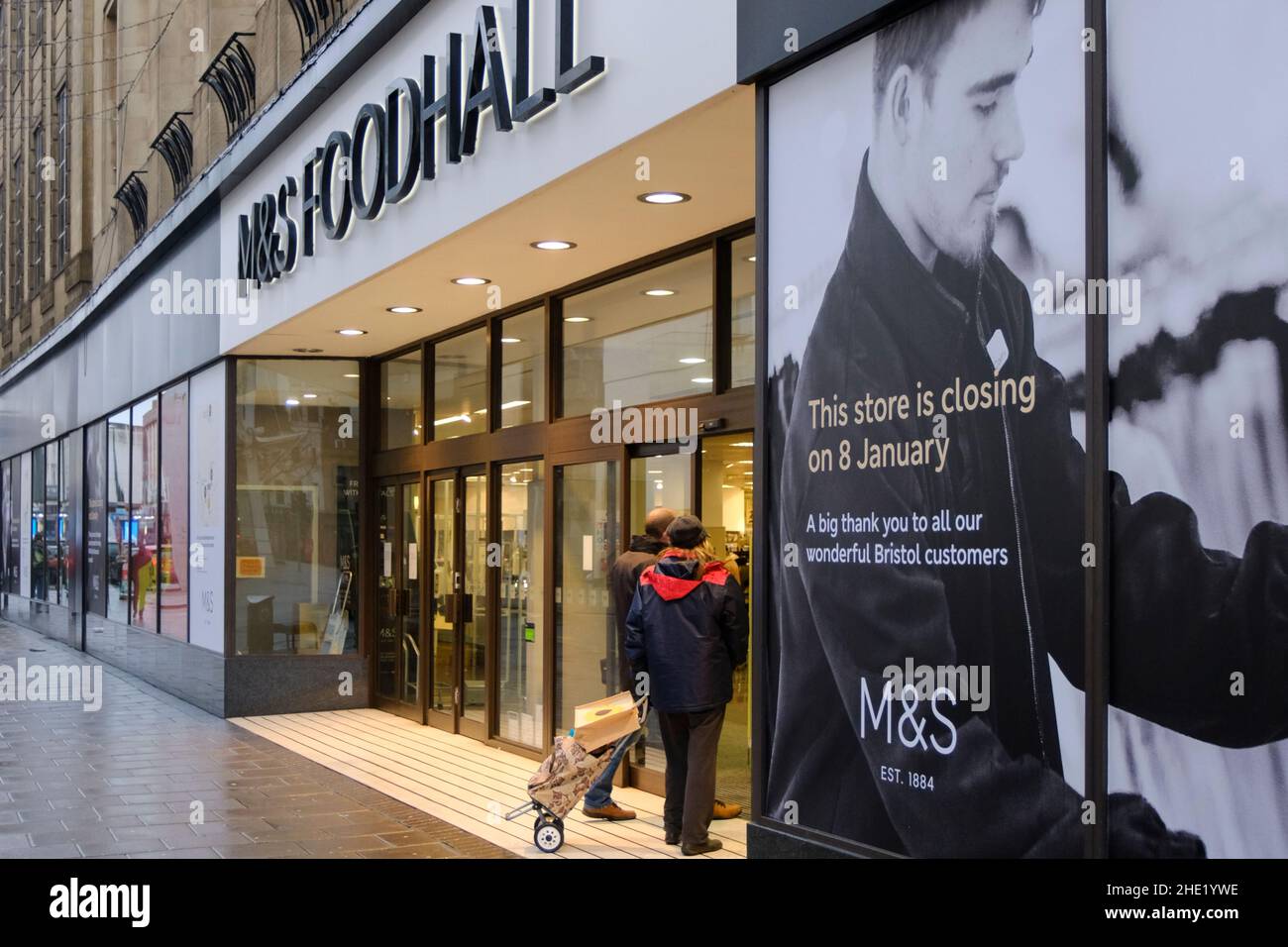 Bristol, UK. 8th Jan, 2022. After trading in the Broadmead shopping district since 1952, the Marks and Spencer store and food hall closes today. A company spokesman has said “shopping habits are changing” so the company is reviewing how best to serve its customers. Other M&S stores in the Bristol area are unaffected. Credit: JMF News/Alamy Live News Stock Photo