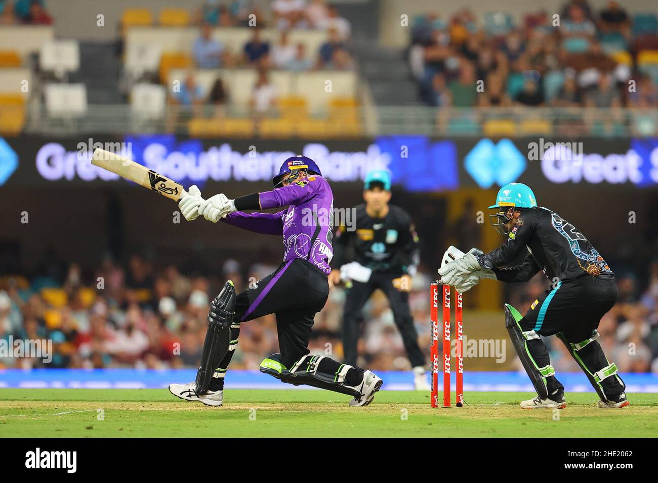 Peter Handscomb of the Hobart Hurricanes plays a leg side shot  in Brisbane, United Kingdom on 1/8/2022. (Photo by Patrick Hoelscher/News Images/Sipa USA) Stock Photo