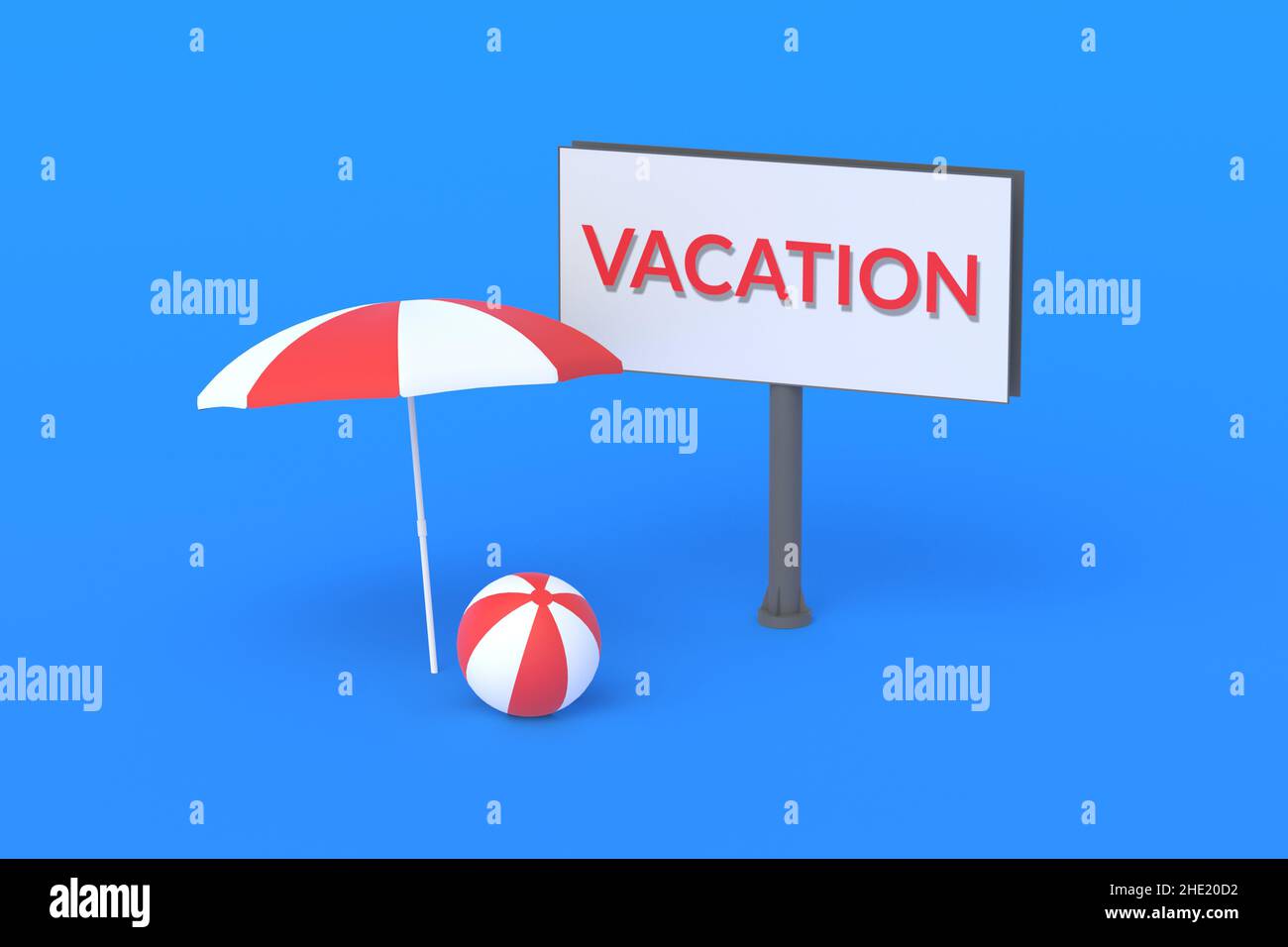 Beach umbrella and ball near billboard with word vacation. Advertising of a travel company, resort. Reservation of places in the hotel. Tourist journe Stock Photo