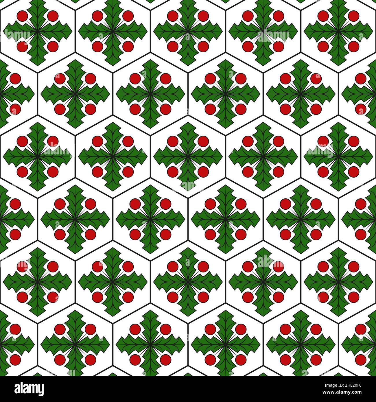 Seamless pattern with hexagons and abstract mistletoe sprigs. Vector festive background. Stock Vector