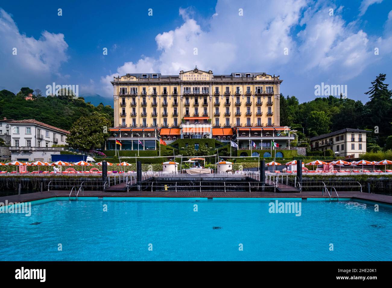 Grand Hotel Tremezzo, located at the lakeside of Lake Como, was built in the early 20th century. Stock Photo