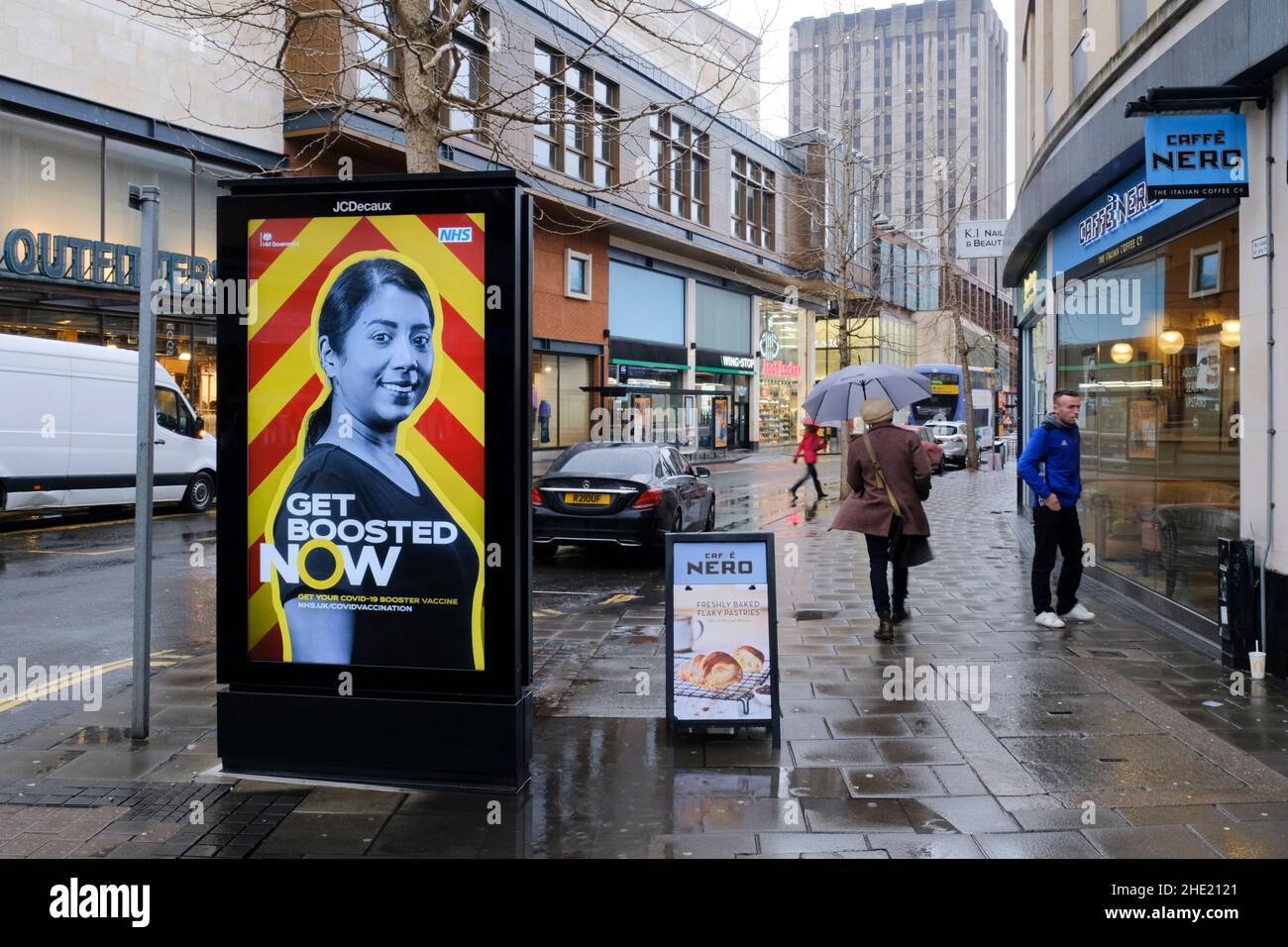 Bristol, UK. 8th Jan, 2022. Vaccine booster signs in Broadmead Bristol city centre as Omicron Covid-19 cases rise. Credit: JMF News/Alamy Live News Stock Photo