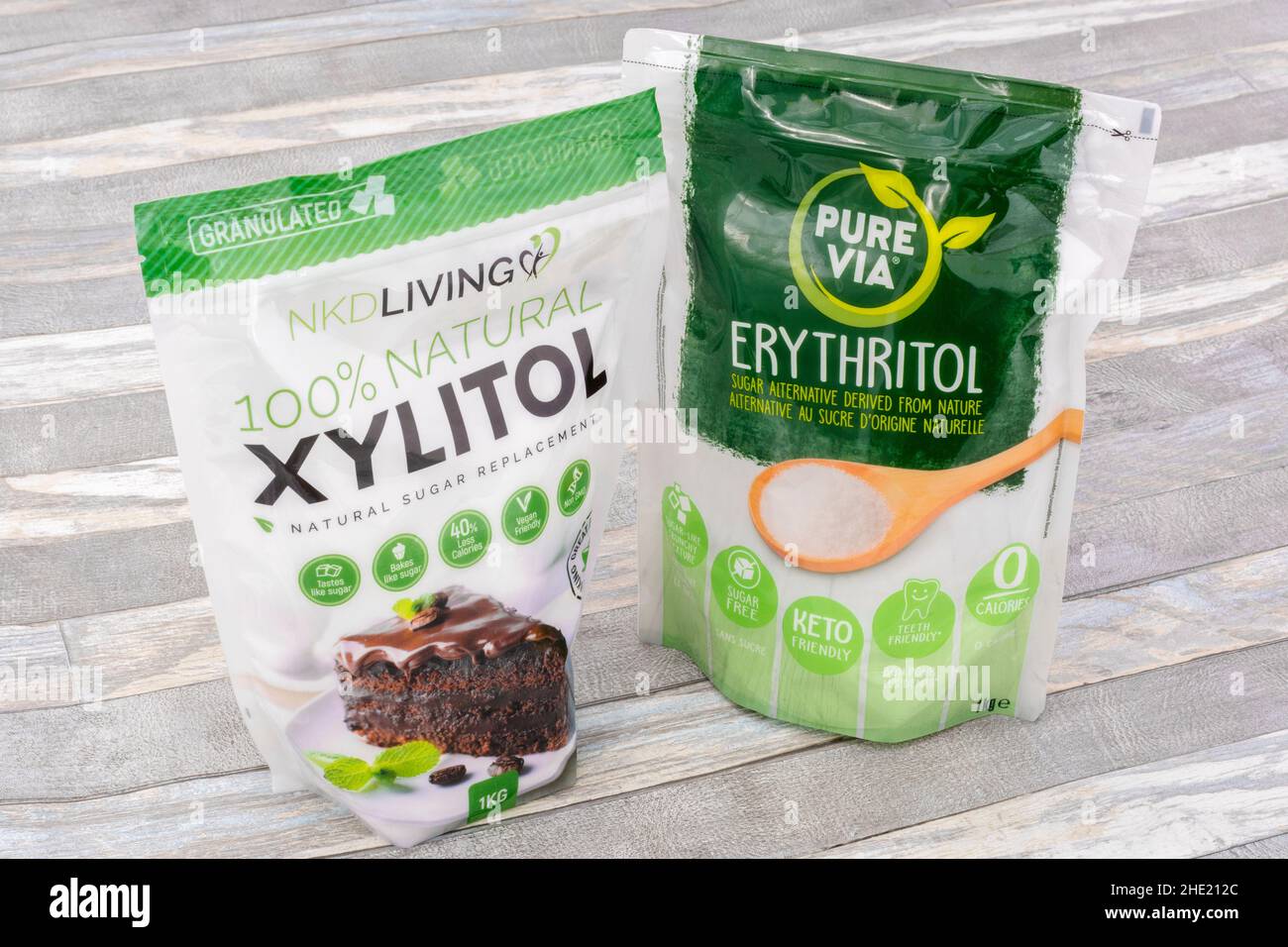 Plastic packets of the natural sucrose sugar alternatives Erythritol