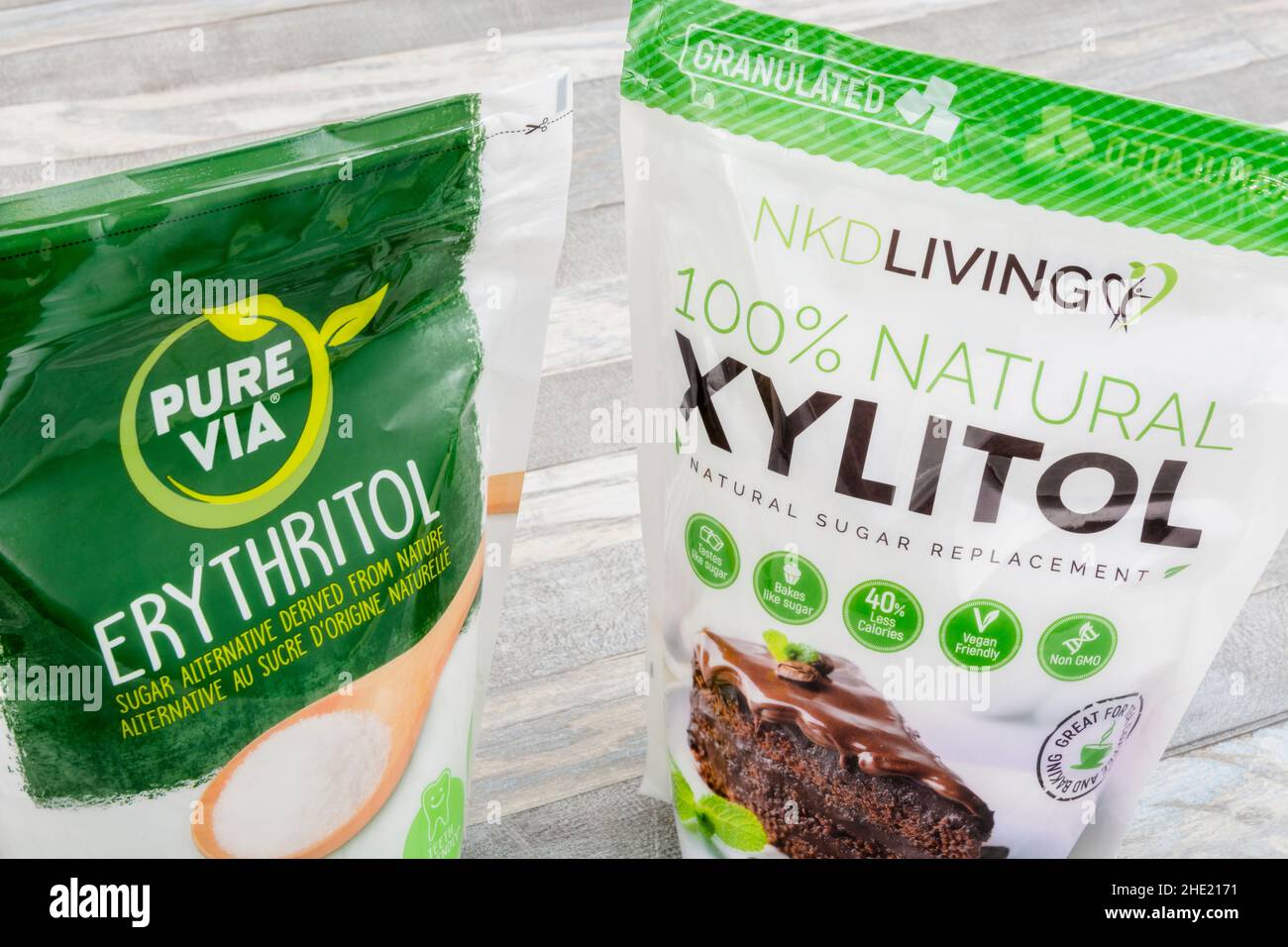 Plastic packets of the natural sucrose sugar alternatives Erythritol