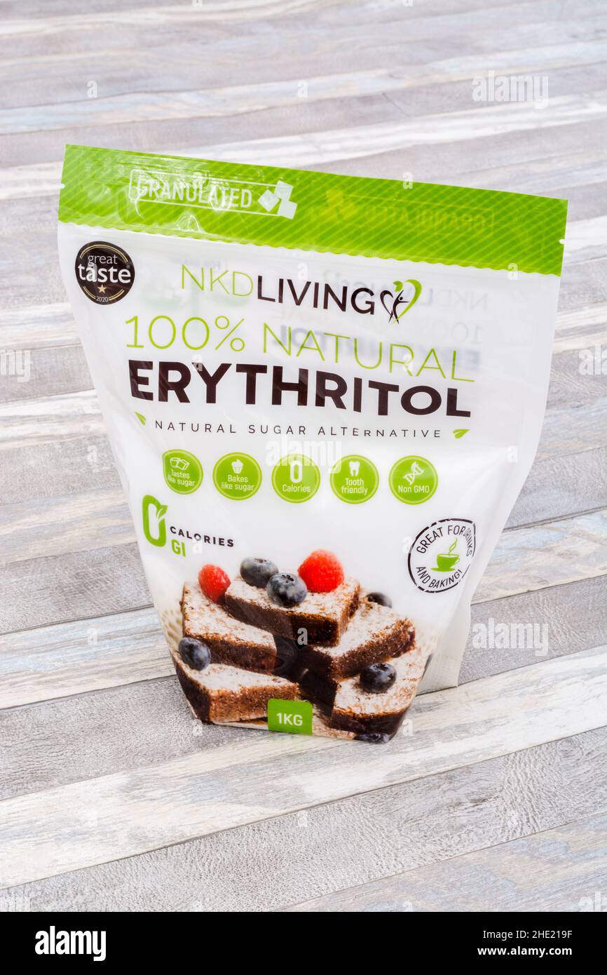 Plastic packet of the natural sucrose sugar alternative Erythritol. Used by weight watchers, diabetics, for healthier lifestyles, and keto diets. Stock Photo