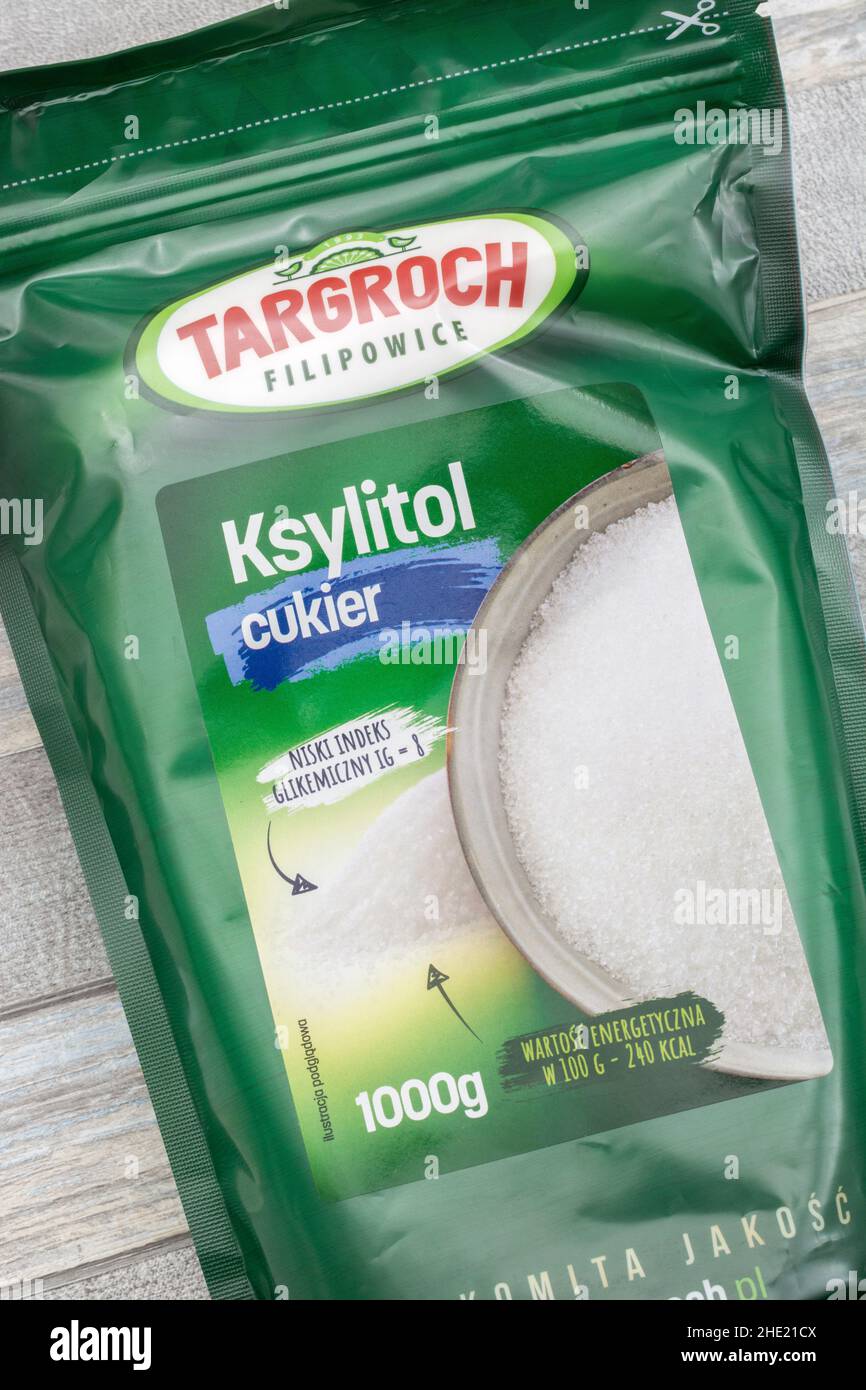 Plastic packet of the natural sucrose sugar alternative Xylitol. Used